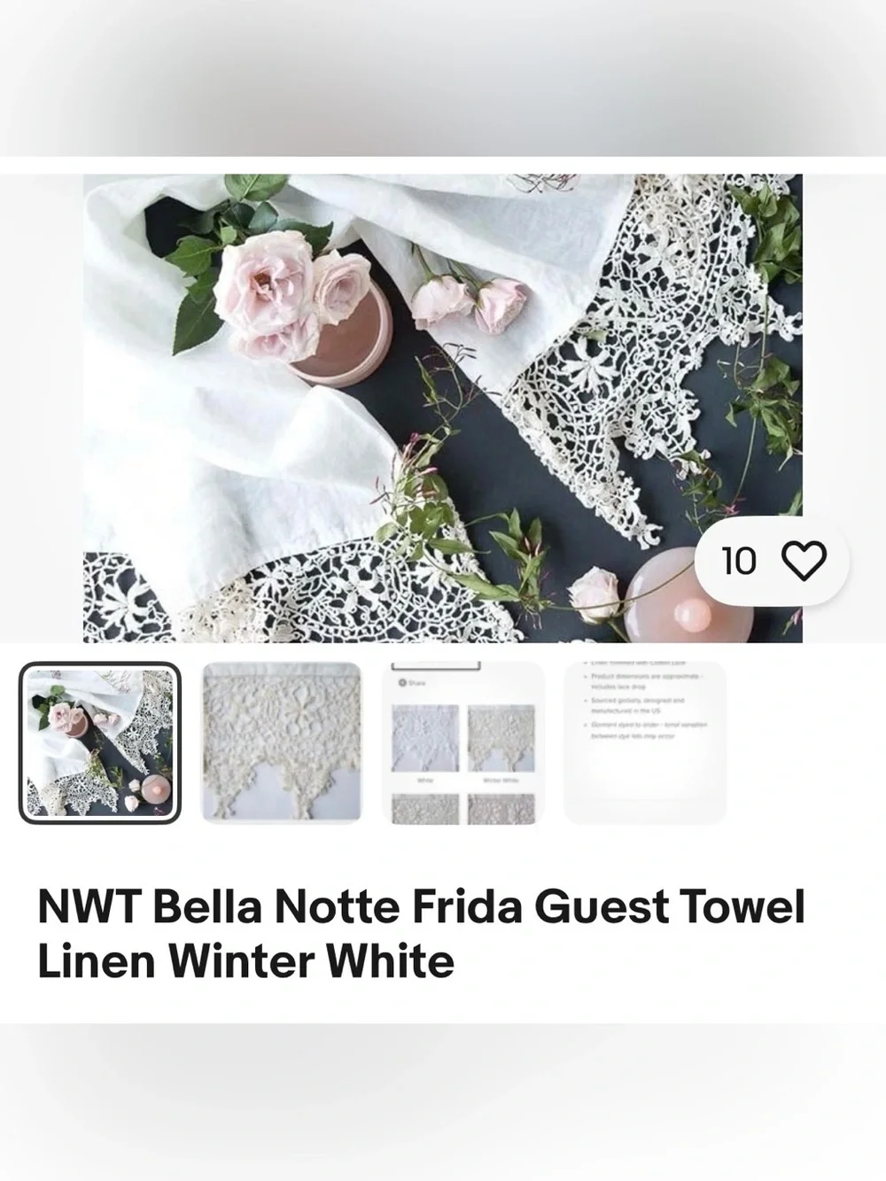 Bella Notte Frida Guest Towel — Winter White Linen NWT